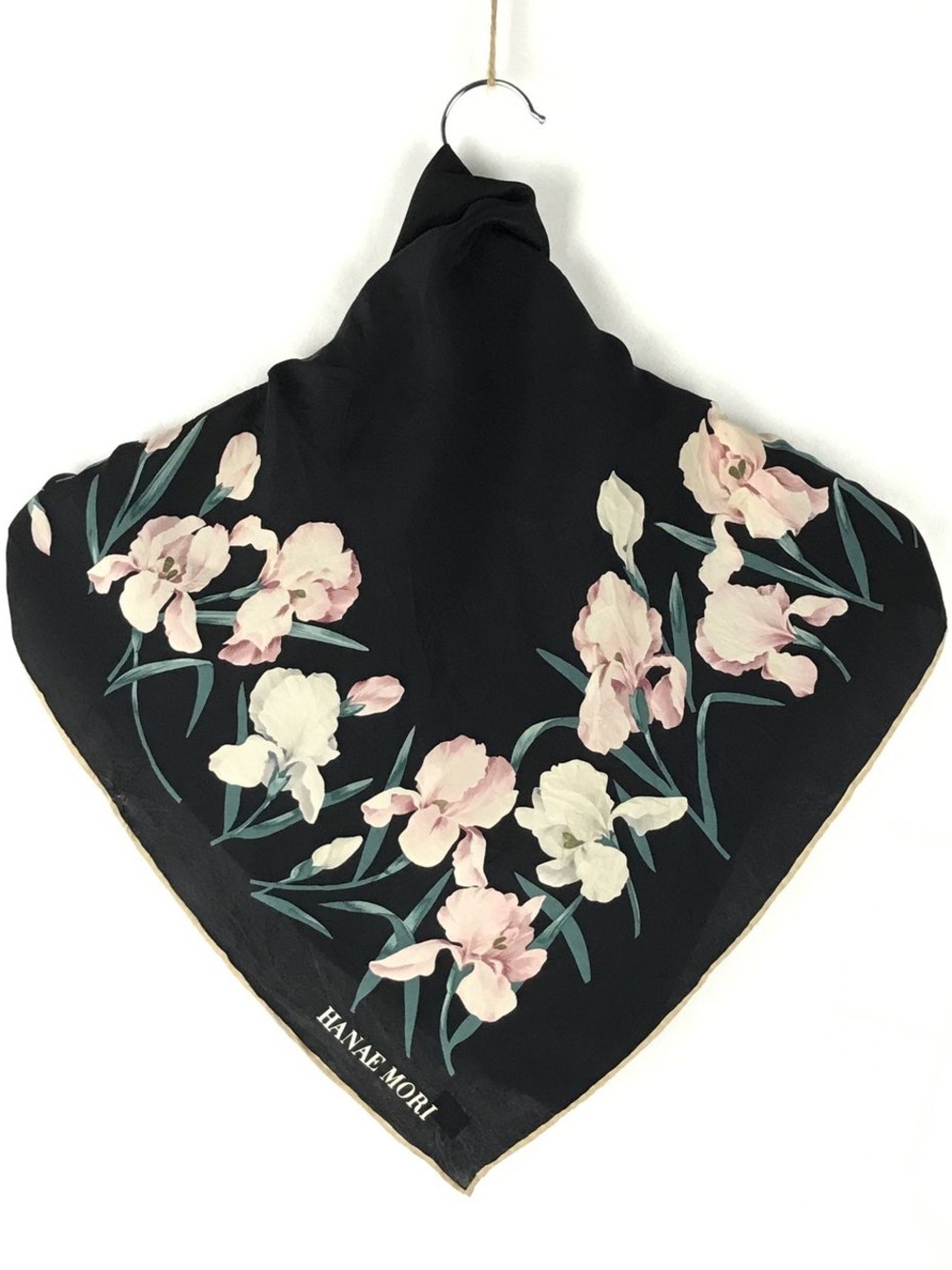 Hanae Mori Black Floral Silk Scarf - Pink & White Blooms 30 x 30